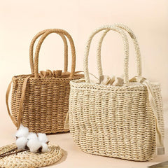 Casual Beach Straw Tote Bag Inner Drawstring Rattan Shoulder Bag