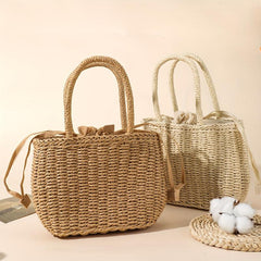 Casual Beach Straw Tote Bag Inner Drawstring Rattan Shoulder Bag