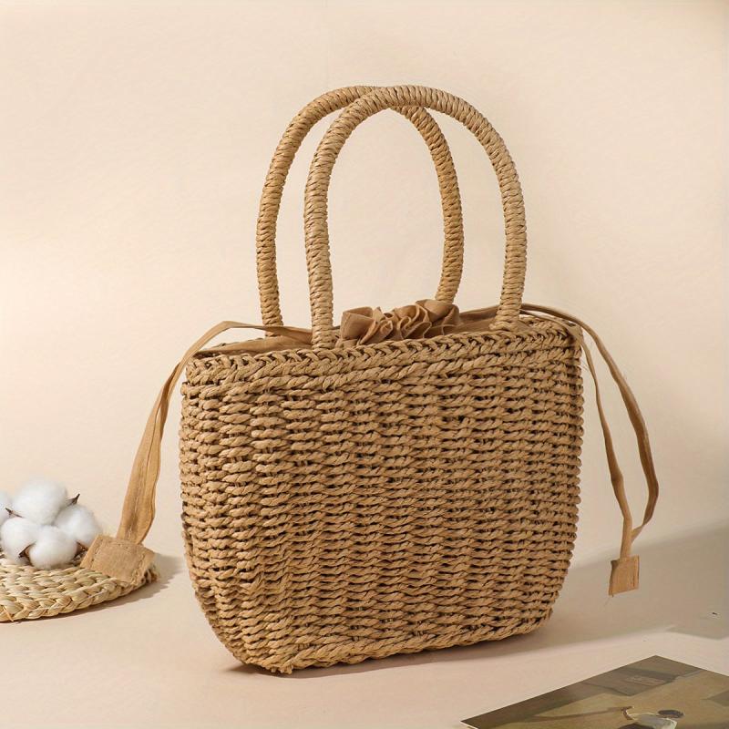 Casual Beach Straw Tote Bag Inner Drawstring Rattan Shoulder Bag