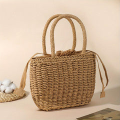 Casual Beach Straw Tote Bag Inner Drawstring Rattan Shoulder Bag