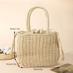 Casual Beach Straw Tote Bag Inner Drawstring Rattan Shoulder Bag