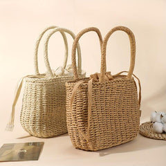 Casual Beach Straw Tote Bag Inner Drawstring Rattan Shoulder Bag