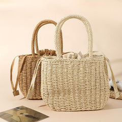 Casual Beach Straw Tote Bag Inner Drawstring Rattan Shoulder Bag