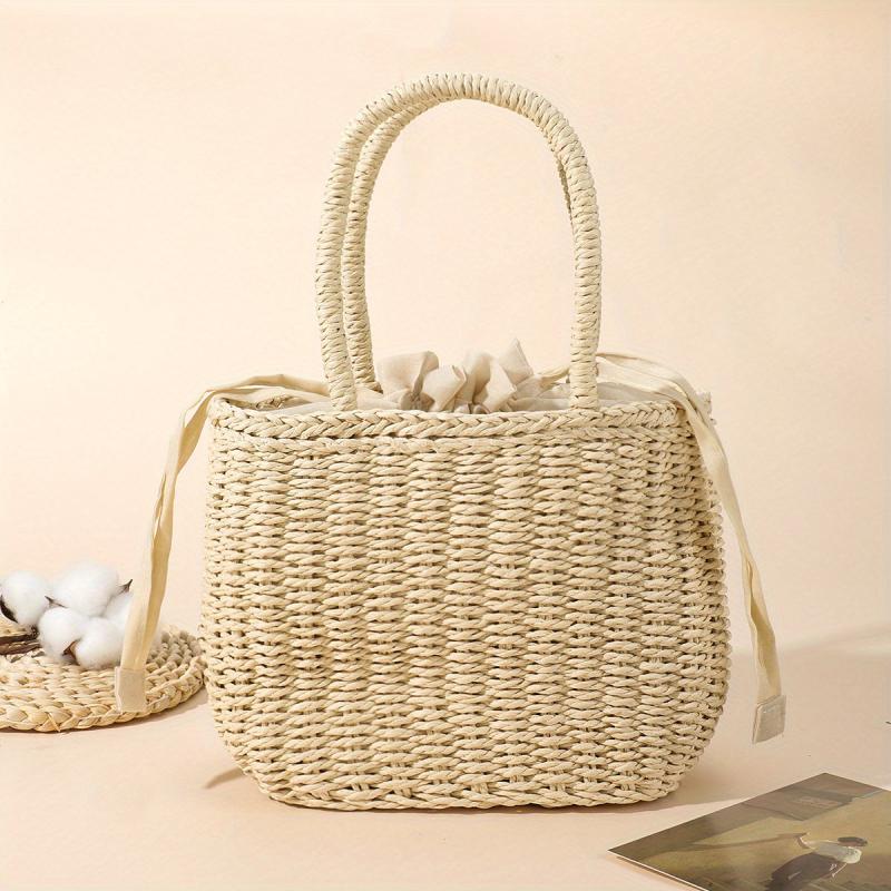 Casual Beach Straw Tote Bag Inner Drawstring Rattan Shoulder Bag