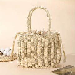 Casual Beach Straw Tote Bag Inner Drawstring Rattan Shoulder Bag