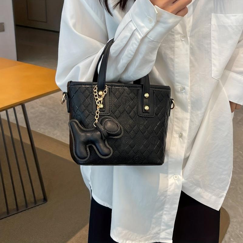 Quilted Pendant Satchel Crossbody Bag PU Leather Textured Bag Purse