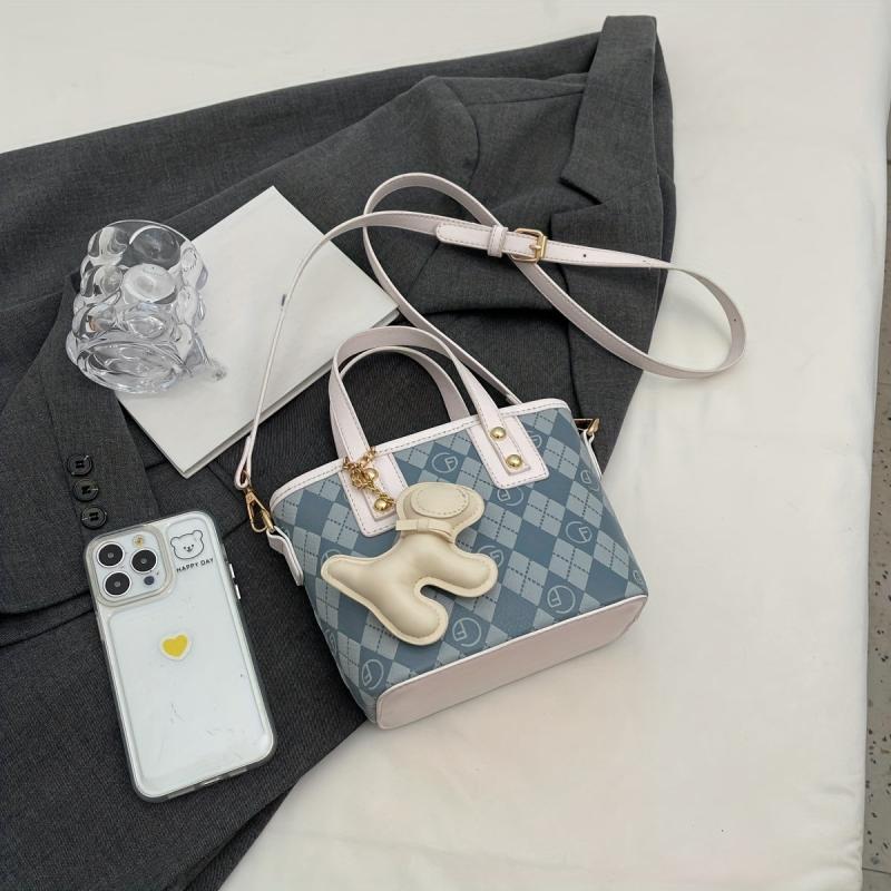 Quilted Pendant Satchel Crossbody Bag PU Leather Textured Bag Purse