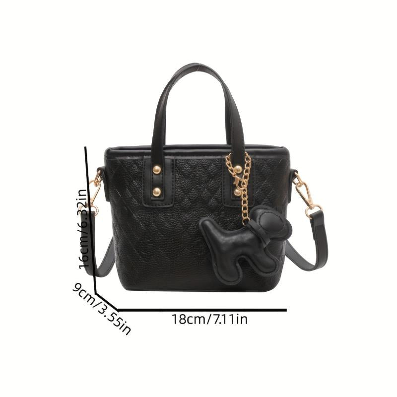 Quilted Pendant Satchel Crossbody Bag PU Leather Textured Bag Purse