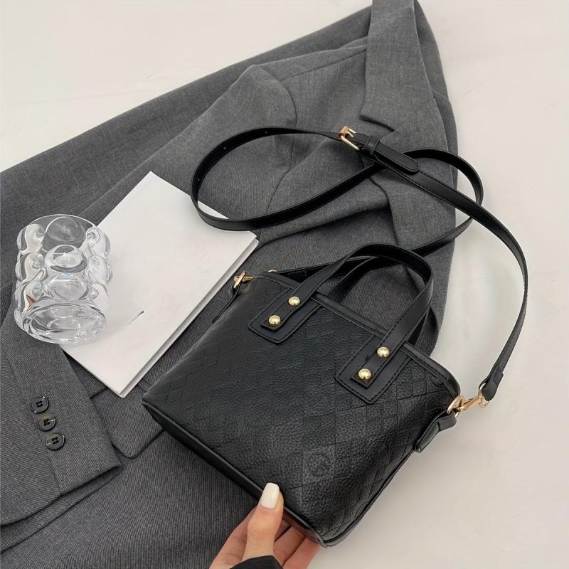 Quilted Pendant Satchel Crossbody Bag PU Leather Textured Bag Purse