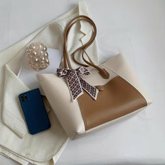 Scarf Bow Decor Tote Bag PU Leather Shoulder Bag Casual Commuter Bag