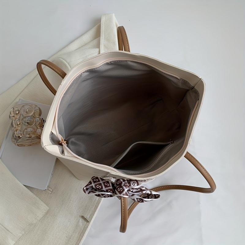 Scarf Bow Decor Tote Bag PU Leather Shoulder Bag Casual Commuter Bag
