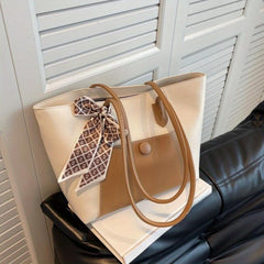 Scarf Bow Decor Tote Bag PU Leather Shoulder Bag Casual Commuter Bag