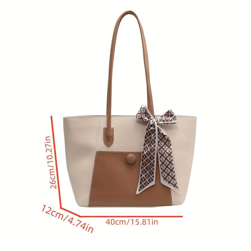 Scarf Bow Decor Tote Bag PU Leather Shoulder Bag Casual Commuter Bag