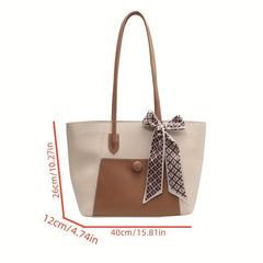 Scarf Bow Decor Tote Bag PU Leather Shoulder Bag Casual Commuter Bag