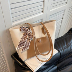 Scarf Bow Decor Tote Bag PU Leather Shoulder Bag Casual Commuter Bag