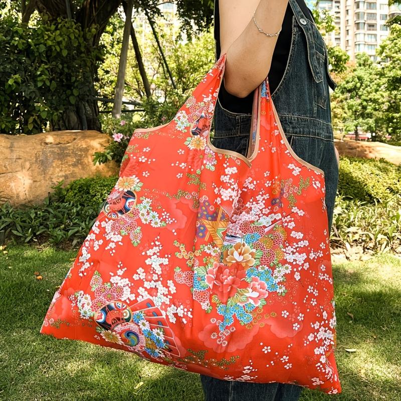 Floral Print Portable Tote Bag Nylon Reusable Eco Friendly Shoulder Bag