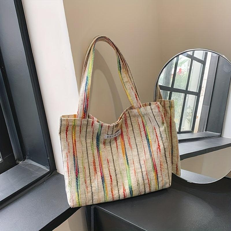 Rainbow Striped Tote Bag Literary Shoulder Bag Large Handbag