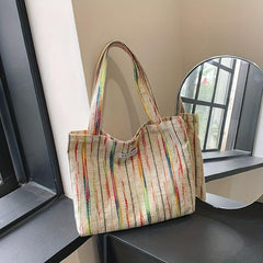 Rainbow Striped Tote Bag Literary Shoulder Bag Large Handbag