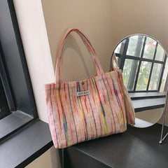 Rainbow Striped Tote Bag Literary Shoulder Bag Large Handbag