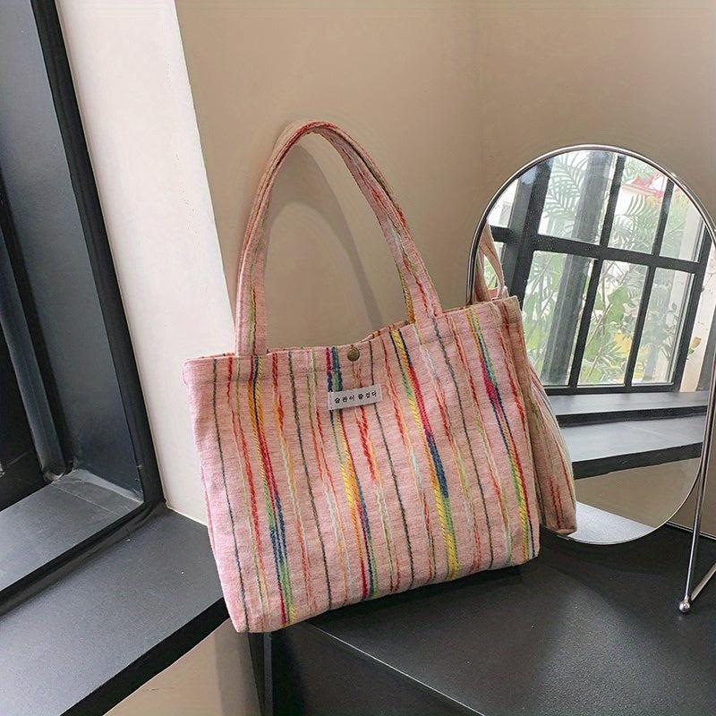 Rainbow Striped Tote Bag Literary Shoulder Bag Large Handbag