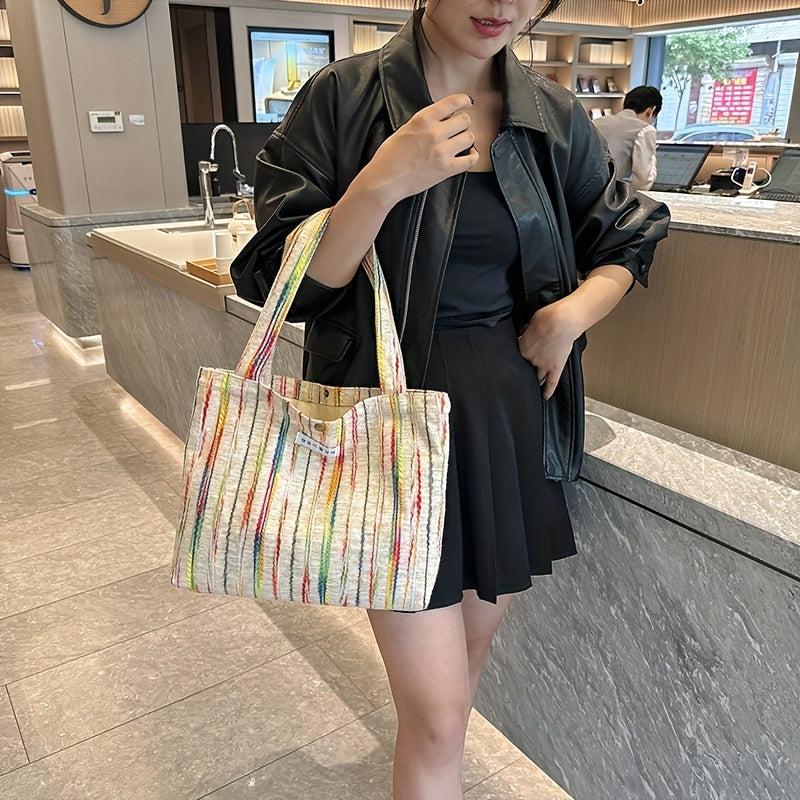 Rainbow Striped Tote Bag Literary Shoulder Bag Large Handbag
