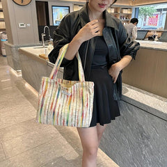 Rainbow Striped Tote Bag Literary Shoulder Bag Large Handbag