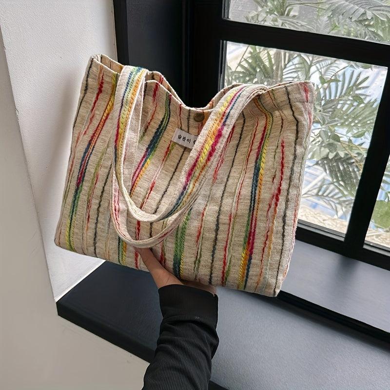Rainbow Striped Tote Bag Literary Shoulder Bag Large Handbag