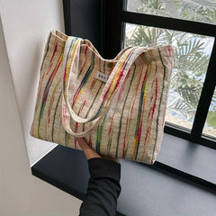 Rainbow Striped Tote Bag Literary Shoulder Bag Large Handbag