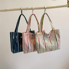 Rainbow Striped Tote Bag Literary Shoulder Bag Large Handbag