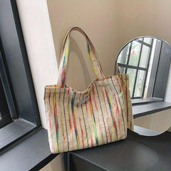 Rainbow Striped Tote Bag Literary Shoulder Bag Large Handbag