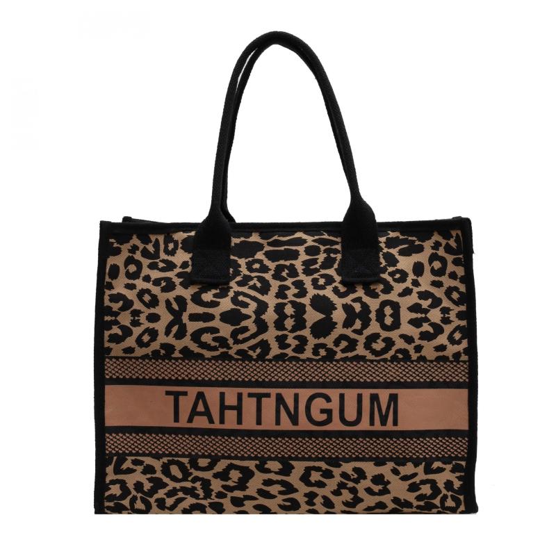 Leopard & Letter Tote Bag Large Capacity Shoulder Bag Stylish Handbag