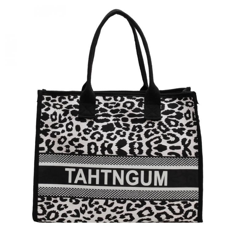 Leopard & Letter Tote Bag Large Capacity Shoulder Bag Stylish Handbag