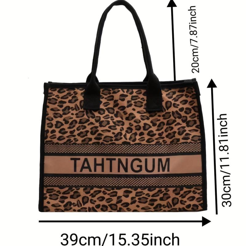 Leopard & Letter Tote Bag Large Capacity Shoulder Bag Stylish Handbag