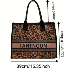 Leopard & Letter Tote Bag Large Capacity Shoulder Bag Stylish Handbag