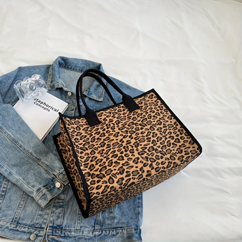 Leopard & Letter Tote Bag Large Capacity Shoulder Bag Stylish Handbag