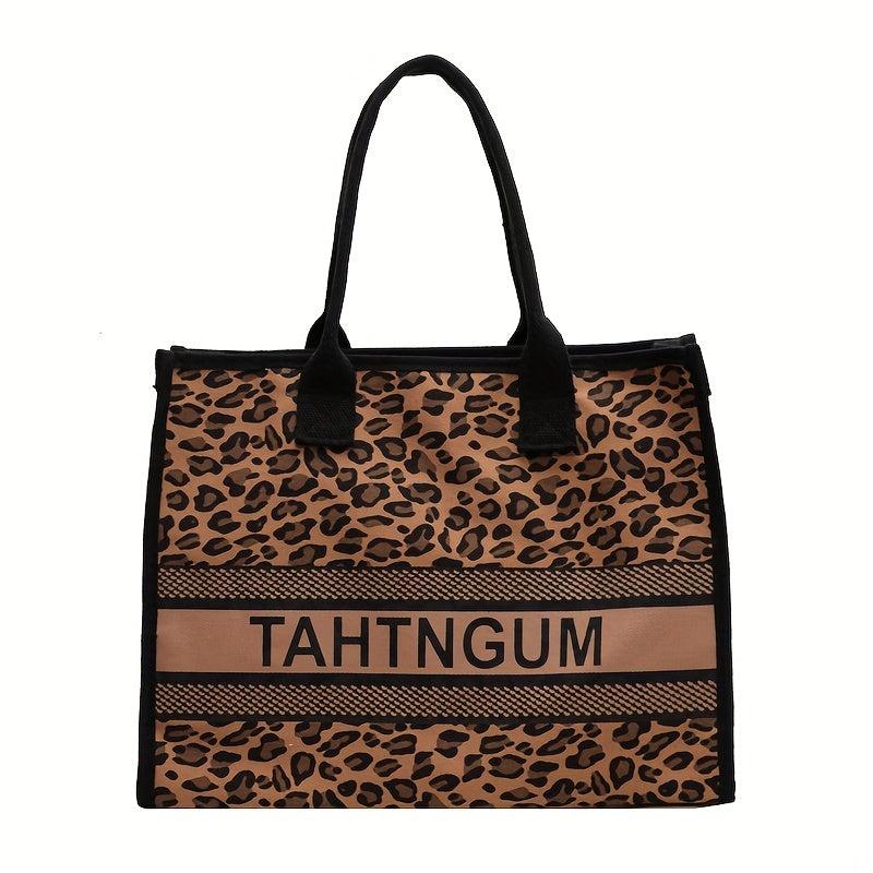 Leopard & Letter Tote Bag Large Capacity Shoulder Bag Stylish Handbag