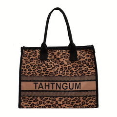 Leopard & Letter Tote Bag Large Capacity Shoulder Bag Stylish Handbag