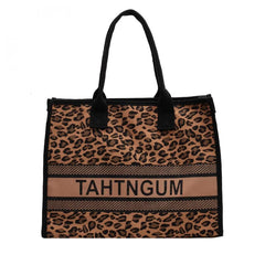 Leopard & Letter Tote Bag Large Capacity Shoulder Bag Stylish Handbag