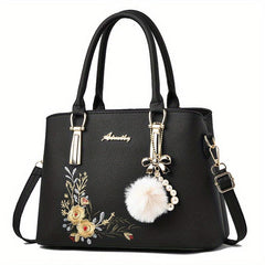 Flower Embroidered Tote Bag Shoulder Bag with Pom Pom