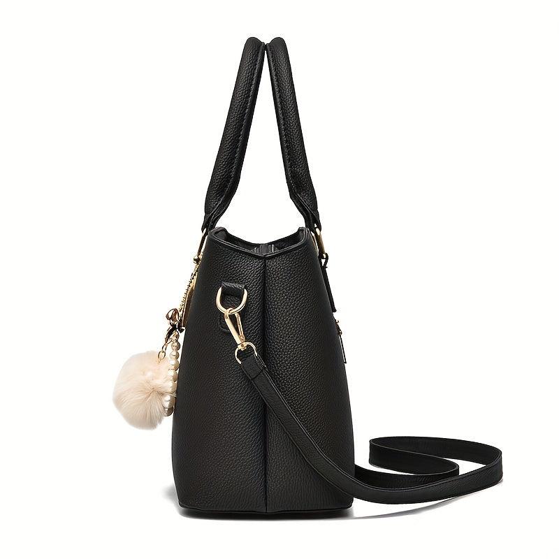 Flower Embroidered Tote Bag Shoulder Bag with Pom Pom