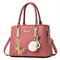 Flower Embroidered Tote Bag Shoulder Bag with Pom Pom