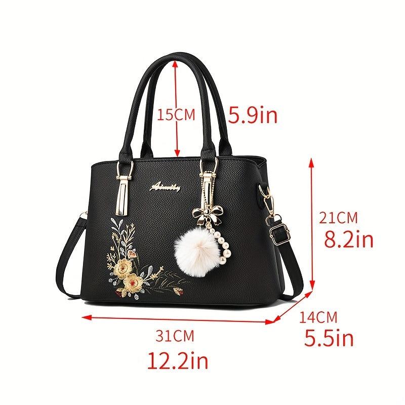 Flower Embroidered Tote Bag Shoulder Bag with Pom Pom