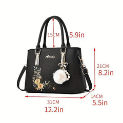 Flower Embroidered Tote Bag Shoulder Bag with Pom Pom