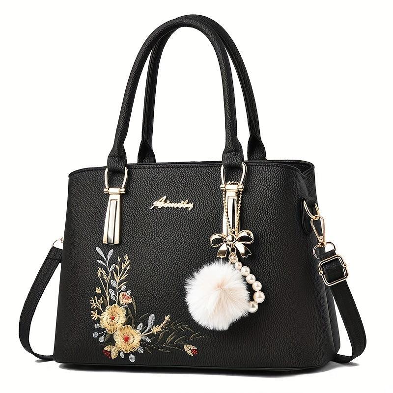 Flower Embroidered Tote Bag Shoulder Bag with Pom Pom
