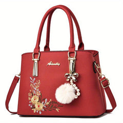 Flower Embroidered Tote Bag Shoulder Bag with Pom Pom