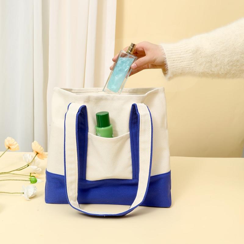 Women's Canvas Tote Bag with Block Pocket Decor