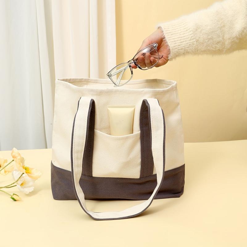 Women's Canvas Tote Bag with Block Pocket Decor