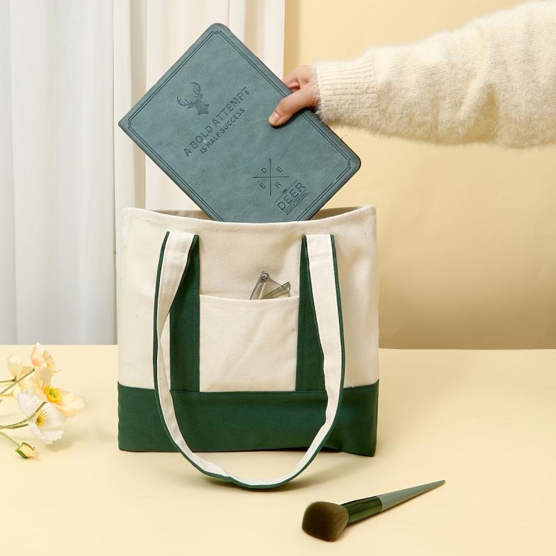 Women's Canvas Tote Bag with Block Pocket Decor