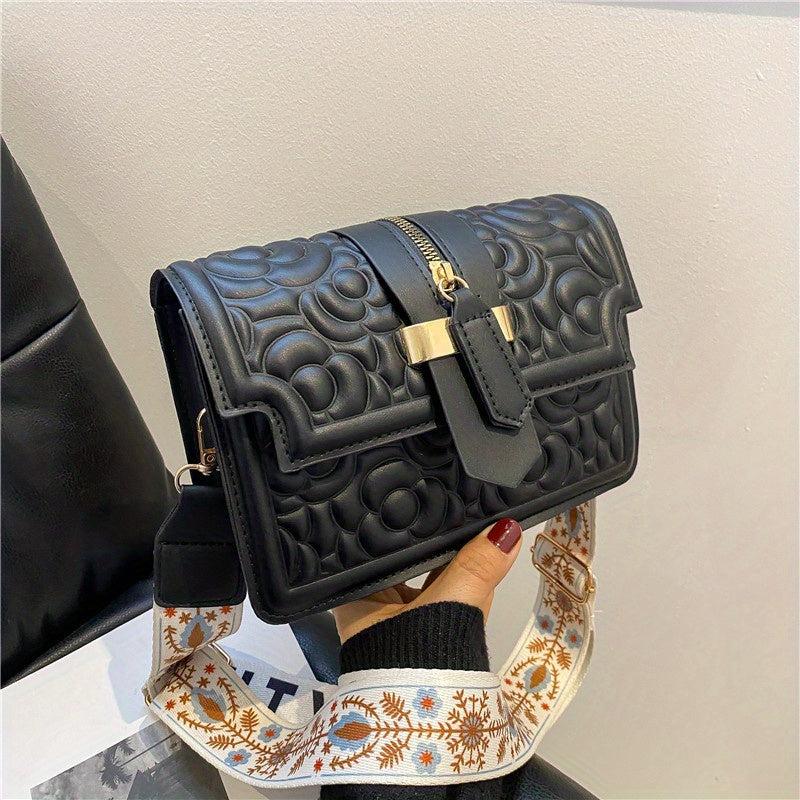 Flower Embossed Crossbody Bag Small PU Shoulder Bag Women's Flap Square Purses