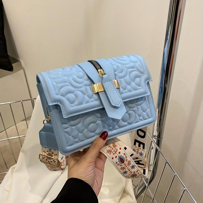 Flower Embossed Crossbody Bag Small PU Shoulder Bag Women's Flap Square Purses